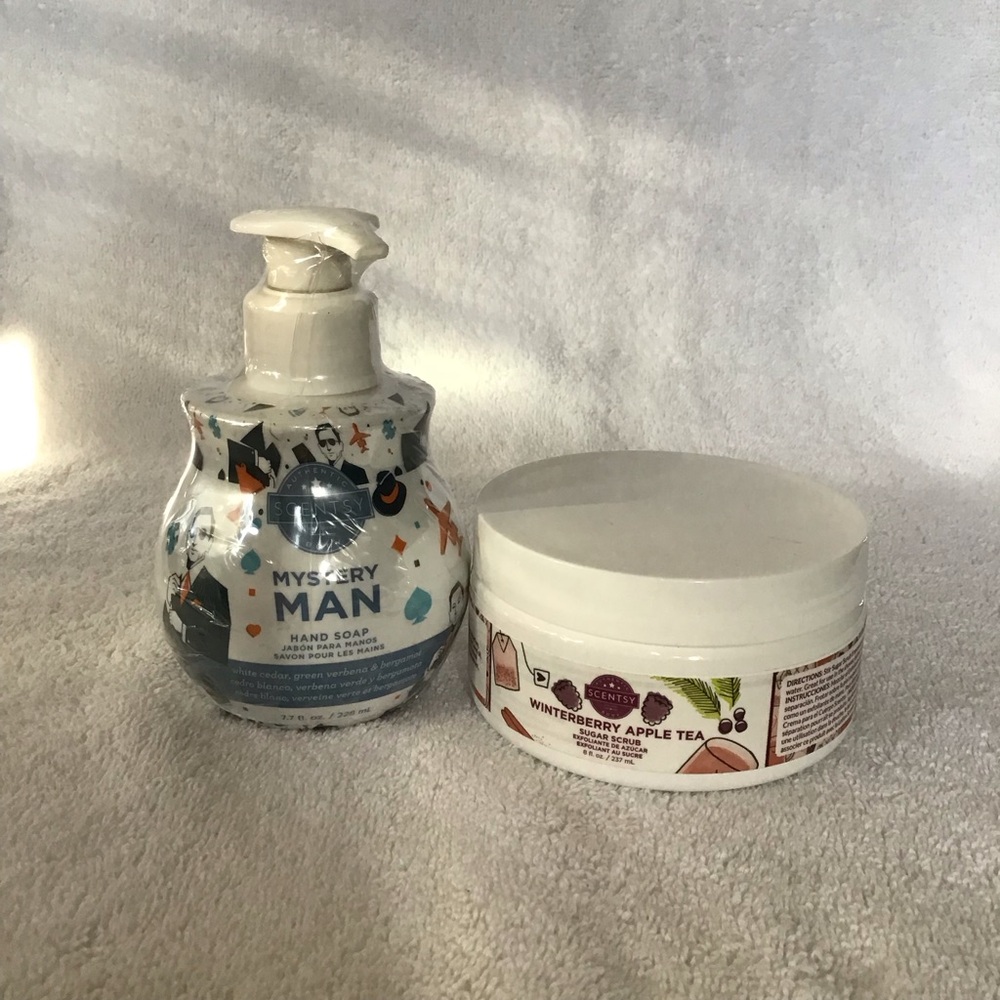 Scentsy Mystery Man hand soap and Winterberry Apple Tea body scrub